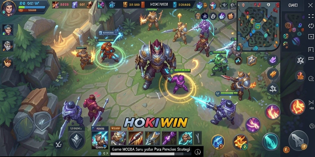Tampilan gameplay seru HOKIWIN dengan aksi MOBA yang intens.