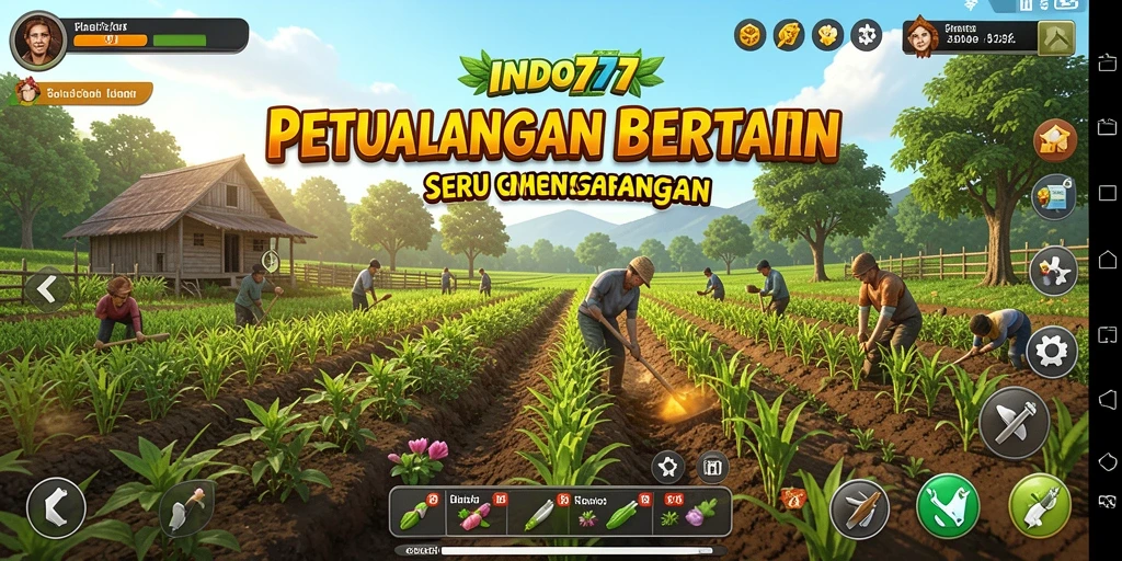 Tangkapan layar gameplay INDO777 menampilkan ladang hijau yang subur dan aktivitas bertani.